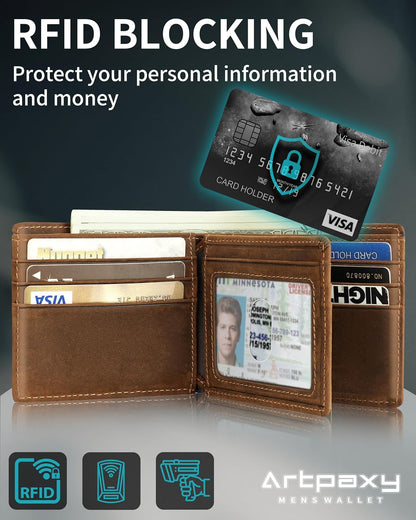Mens Wallet With AirTag Holder, Bifold Leather RFID Blocking 1-2 ID Windows 12-13 Card Holders, Gift Box and Screen Protector Included, AirTag Not Included