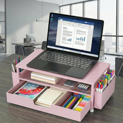 ECOLOVI Desk Organizer and Accessories, 2-Tier Computer Monitor Stand Rise with Storage Drawer & 2 Pen Holders, Laptop & Printer Stand for Desktop, Workspace Organizers for Office Supplies (Brown)