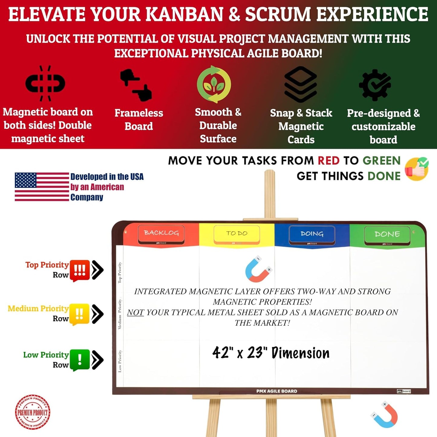 Magnetic Kanban & Scrum Board – Lightweight Agile Whiteboard with Customizable Headlines | Project Planning Board for Home, Office & School | Includes Easel, Markers, Eraser & Wall Mount Kit