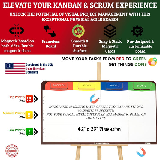Magnetic Kanban & Scrum Board – Lightweight Agile Whiteboard with Customizable Headlines | Project Planning Board for Home, Office & School | Includes Easel, Markers, Eraser & Wall Mount Kit