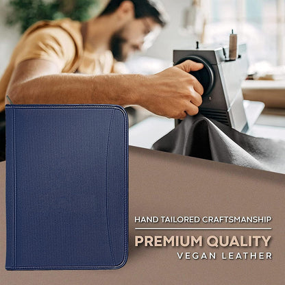 Zippered Portfolio Organizer/ A4 Refillable Lined Writing Notepad Folder Case/Fabric-Covered Padfolio Binder with Interior Storage Pocket for Men Women.Classic Black