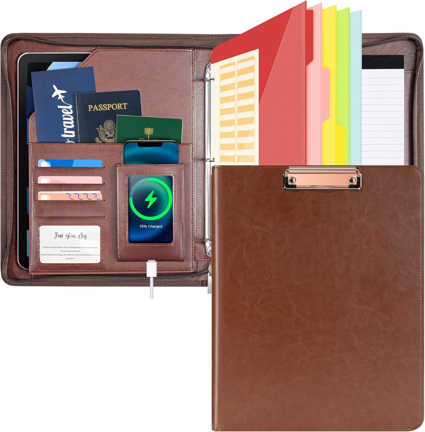 Ospelelf Zippered Padfolio Organizer, Faux Leather 3 Ring Binder with Clipboard, Letter Size Business Portfolio with Notepad, Tablet Sleeve & Phone Pockets for Office Work Brown