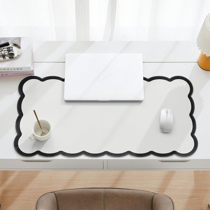 Scalloped Desk Mat, 31.5" x 15.7" Large Cute Aesthetic Desk Accessories, PU Leather Computer Laptop Desk Mouse Keyboard Pad, Desk Writing Mat for Vanity/Work/Home Decor (Beige, 31.5" x 15.7")