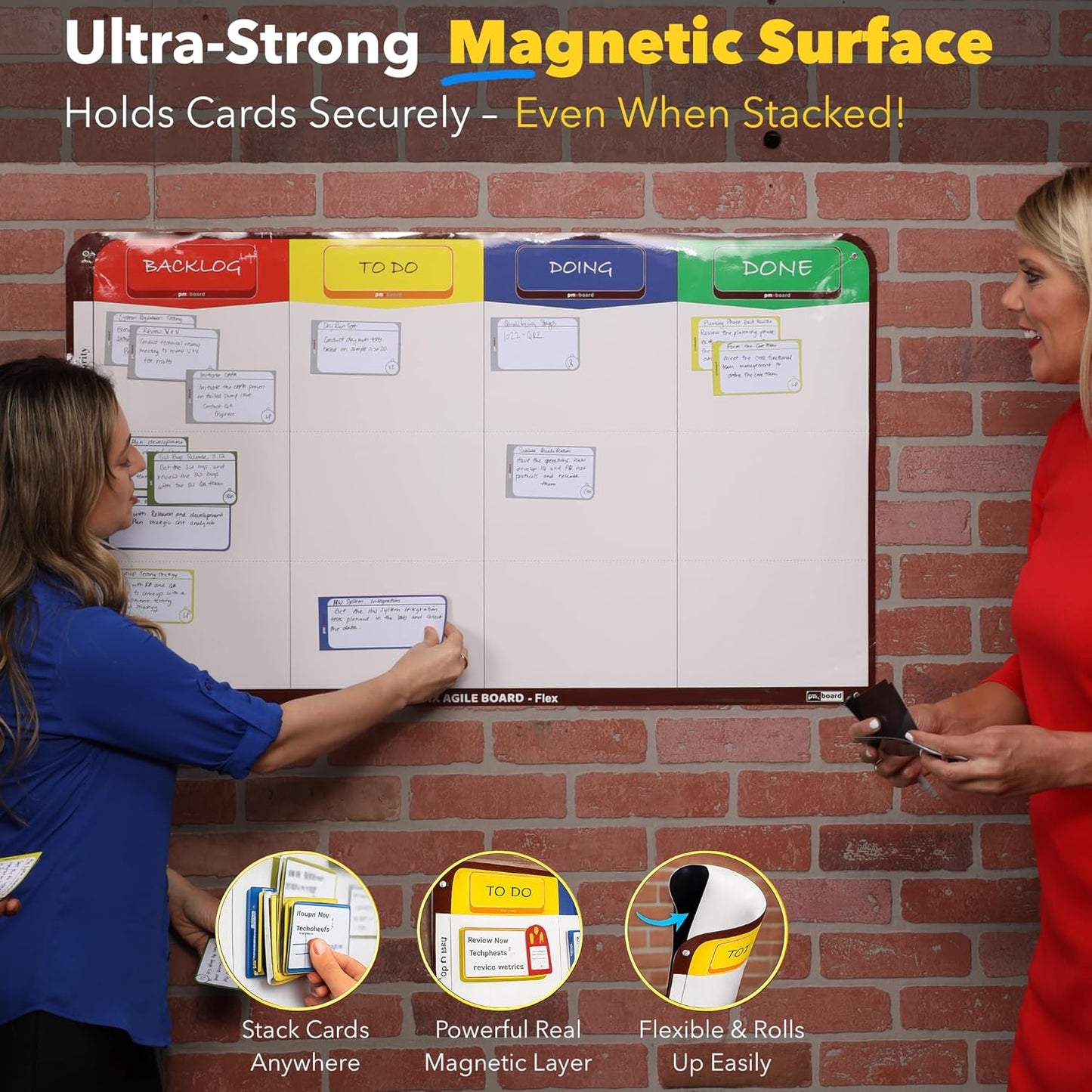 4 Column Magnetic Kanban Board, Scrum Board Flex Whiteboard Kit. Agile Kit, 64 Magnetic Kanban Cards Kit, Scrum Cards Set. Project Management Board for Project Planning, Kanban Whiteboard Kit
