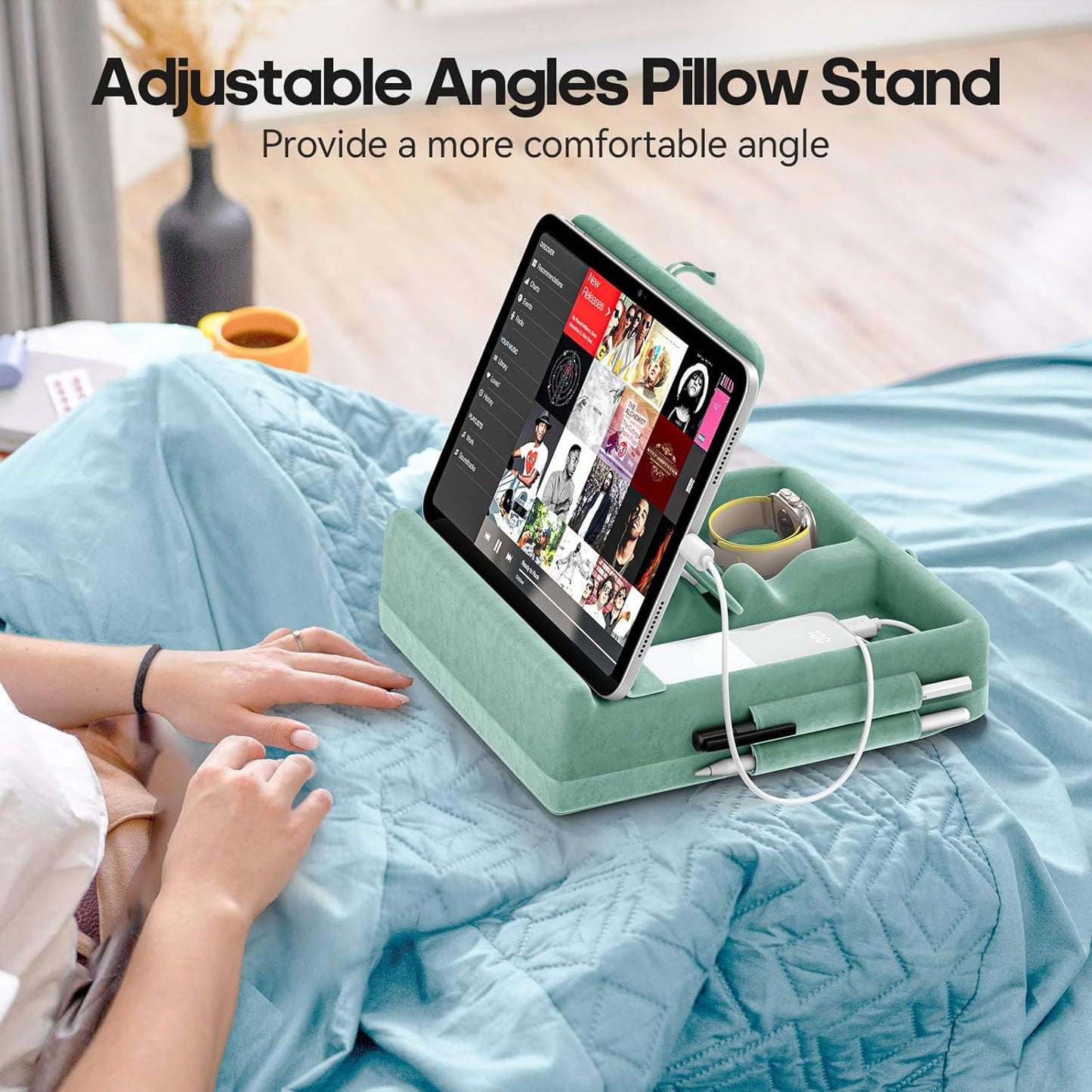 KDD Tablet Pillow Stand with Storage, Foldable iPad Holder for Bed, Lap and Desk, Angle Adjustable Soft Pad Dock with Stylus Mount Compatible with Ipad Pro 12.9, 10.5, 11, Air, Mini, Phones, Books