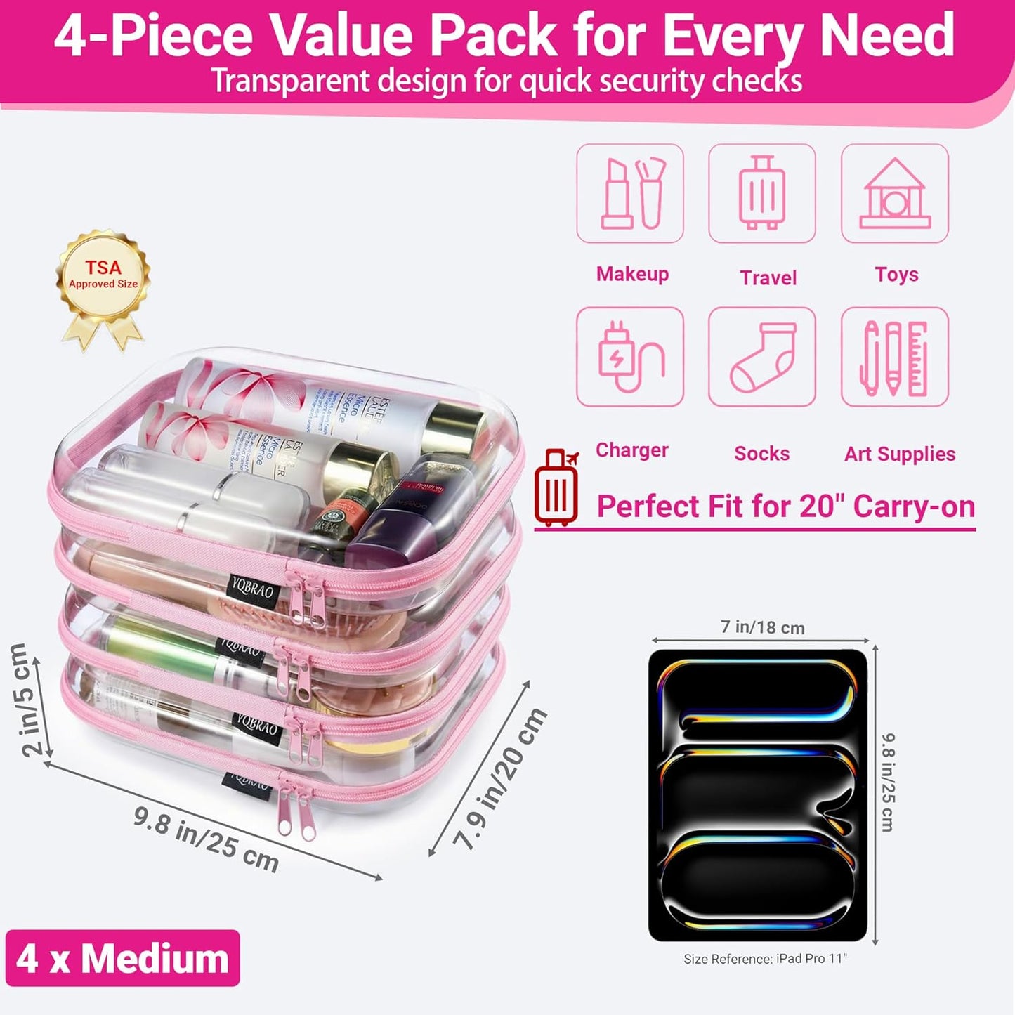 YQBRAO 6 Pack Clear Hard Shell Zipper Case, 1.2mm Heavy Duty Crush-Proof Diaper Bag Organizer Pouches, TSA Approved Travel Makeup Bag for Toiletries & Electronics, (2L, 2M, 2S) Multi-Size Storage Set