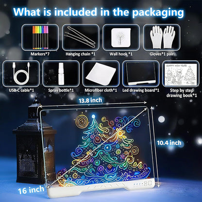 16-Inch Rechargeable Doodle Glow LED Note Board, 7-Color Light Modes, Neon Art Dry Erase Light Up Drawing Pad with Built-in Stand, Sketching Gift Toy for Kids/Girls/Teens, 5 Markers & Tracing Book