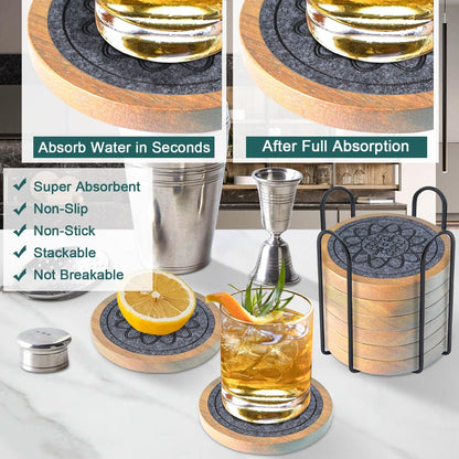 Wood Coasters for Drinks, Minacun Absorbent Coaster Sets of 5, Drinks Coasters for Coffee Tabletop Protection, Non-Slip, Non-Stick, Suitable for Kinds of Cups Wooden Table Drink, 4.3 Inches Black