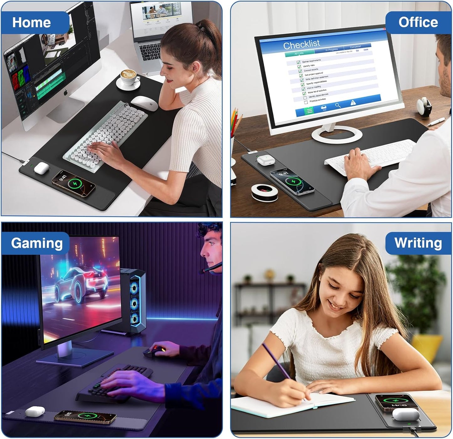 Wireless Charging Mouse Pad with Foldable Phone Holder, 31.5"x15.8" Large Desk Mat for Laptop/Keyboard, Waterproof Ultra-Smooth Surface, Non-Slip Base, Black