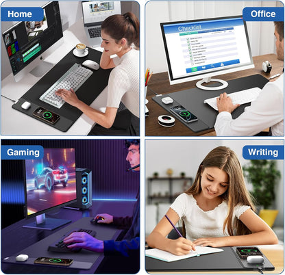 Wireless Charging Mouse Pad with Foldable Phone Holder, 31.5"x15.8" Large Desk Mat for Laptop/Keyboard, Waterproof Ultra-Smooth Surface, Non-Slip Base, Black