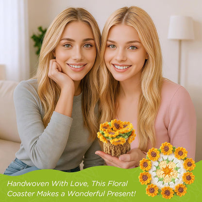Flower Crochet Coasters, Handmade Bouquet Blanket Coaster with Crochet Plant Pot Fun Soft Decorative Drink Coasters for Coffee Tabletop Protection and Home Decor (Pink, 1Pc)