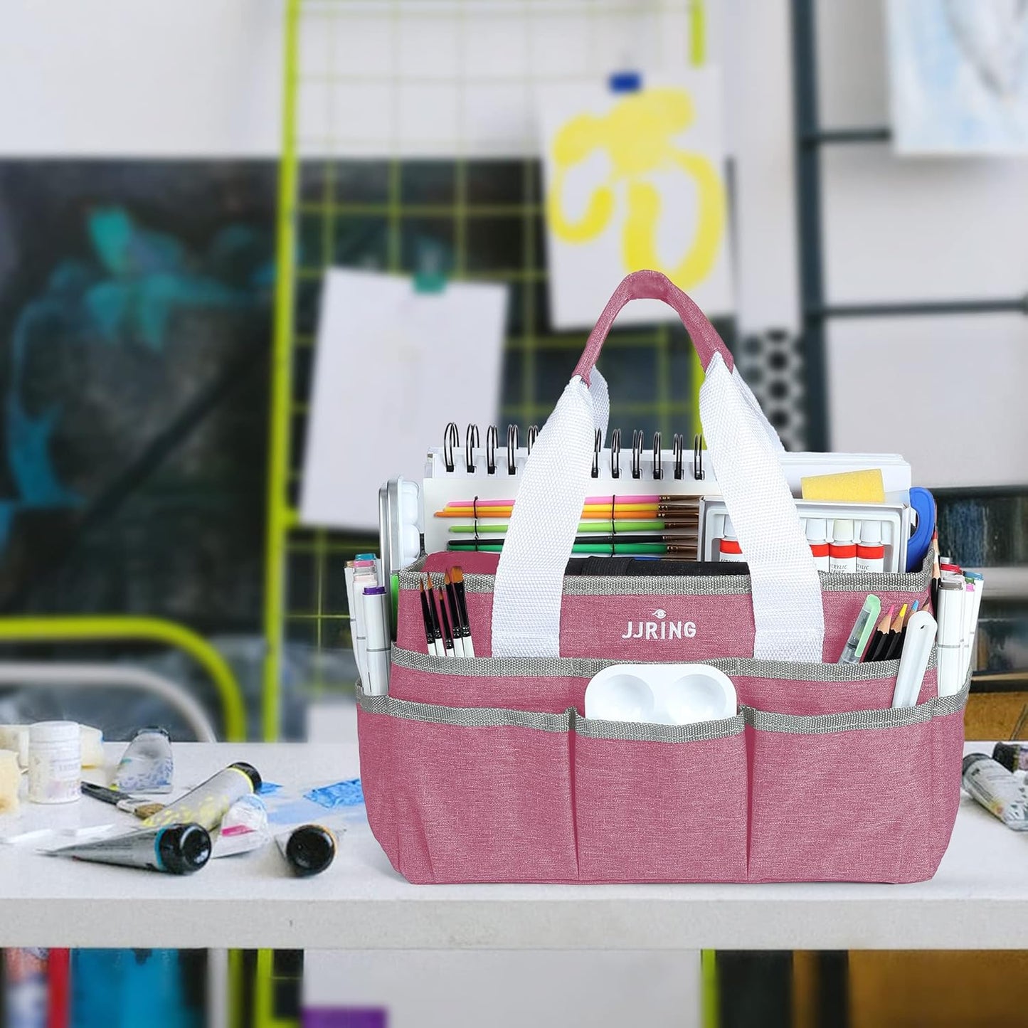 JJRING Craft Organizer Tote Bag for Art Storage, Caddy with Multiple Pockets, Bluish Green Sewing Bag for Scrapbooking, School, Medical, and Office Supplies