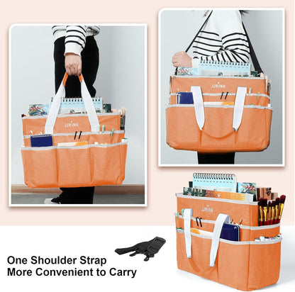 JJRING Craft Organizer Tote Bag for Art Storage, Caddy with Multiple Pockets, Bluish Green Sewing Bag for Scrapbooking, School, Medical, and Office Supplies