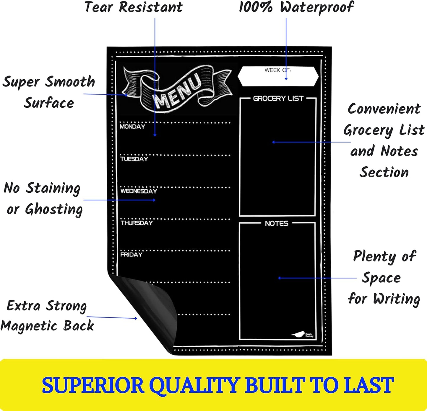 Magnetic Weekly Meal Planner for Fridge – 16” x 12” Dry Erase Menu Board with Grocery List & Notes – Stain-Resistant Whiteboard for Family Meal Planning Includes 3 Magnetic Markers & Eraser