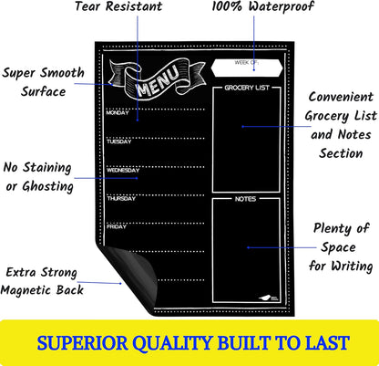 Magnetic Weekly Meal Planner for Fridge – 16” x 12” Dry Erase Menu Board with Grocery List & Notes – Stain-Resistant Whiteboard for Family Meal Planning Includes 3 Magnetic Markers & Eraser