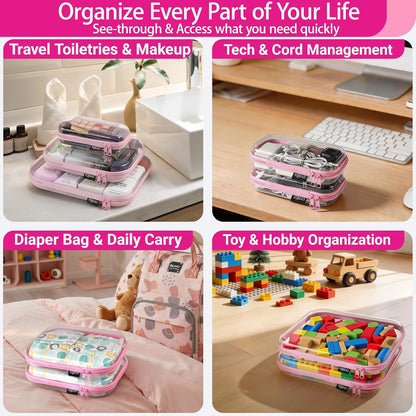 YQBRAO 6 Pack Clear Hard Shell Zipper Case, 1.2mm Heavy Duty Crush-Proof Diaper Bag Organizer Pouches, TSA Approved Travel Makeup Bag for Toiletries & Electronics, (2L, 2M, 2S) Multi-Size Storage Set