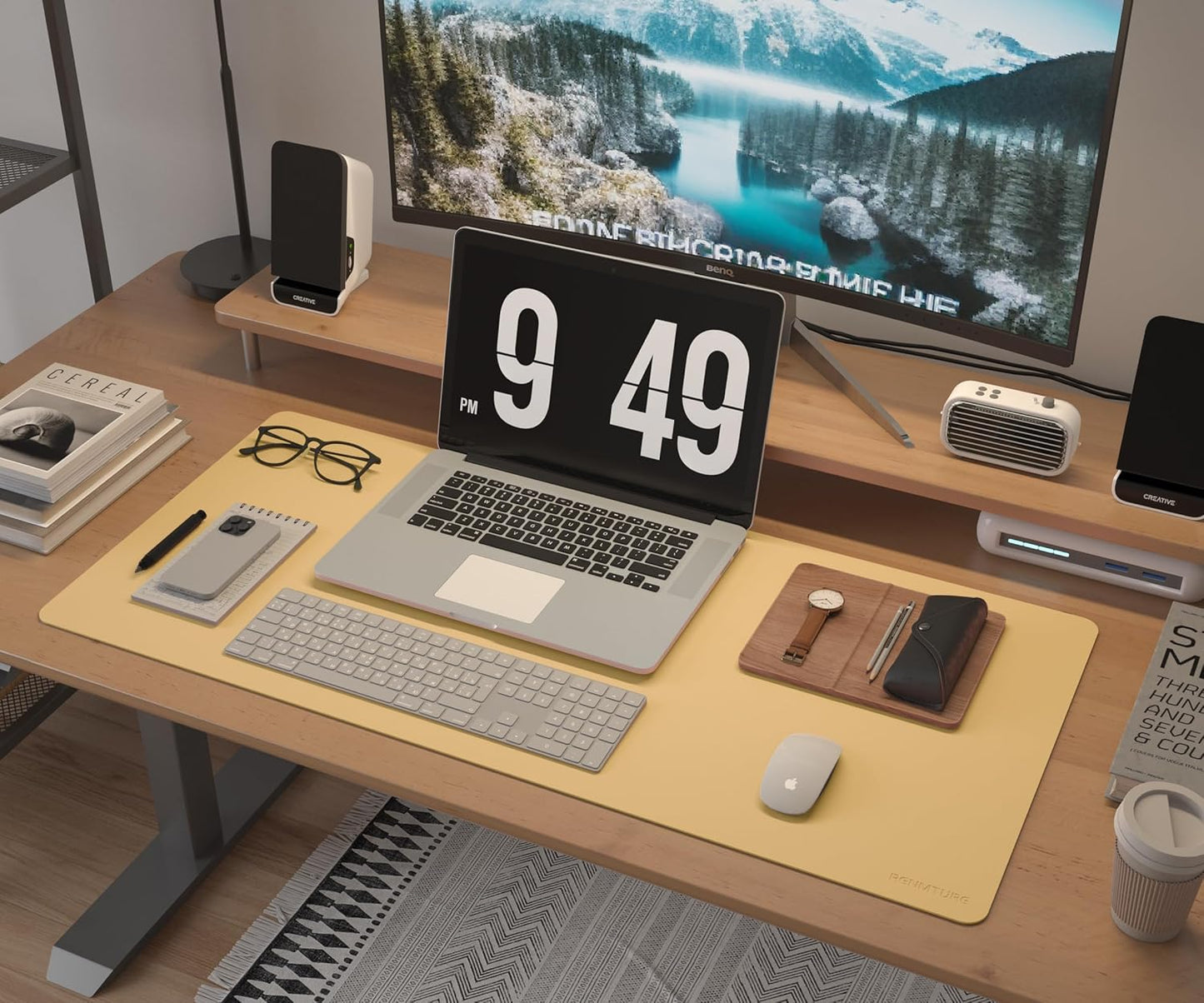 RENMTURE Desk Pad, Cork & PU Leather Desk Mat, Large Mouse pad, Non-Slip Desk Protector and Blotter, Waterproof Writing Pad, Desk Accessories and Organizers for Home Office (Light Yellow, 32"x16")
