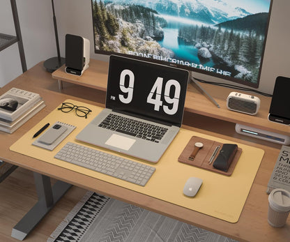 RENMTURE Desk Pad, Cork & PU Leather Desk Mat, Large Mouse pad, Non-Slip Desk Protector and Blotter, Waterproof Writing Pad, Desk Accessories and Organizers for Home Office (Light Yellow, 32"x16")