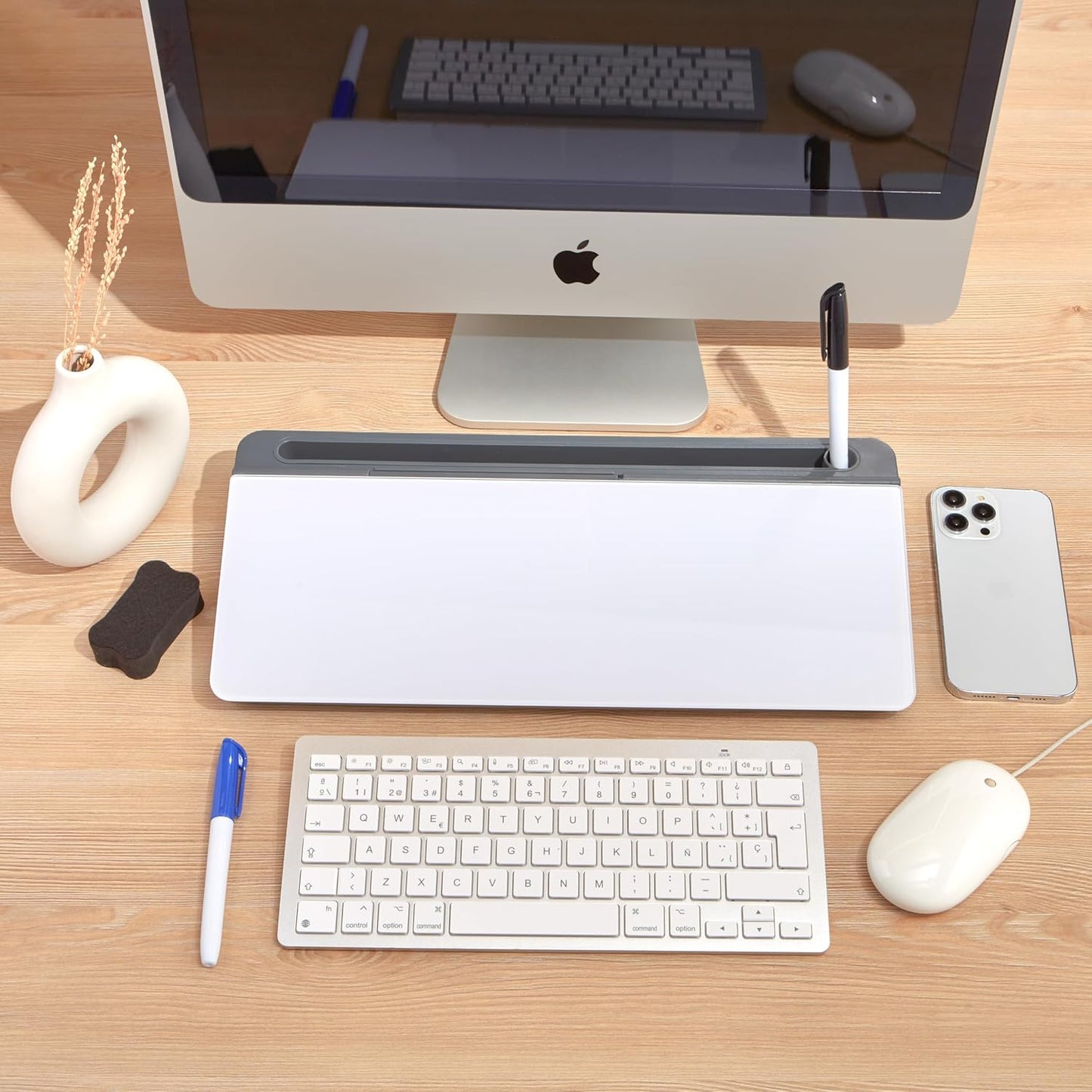 GAROOD Desktop Whiteboard with Storage Desk White Board Desk Board Glass White Board with Stand Home Office Organizer Phone Holder 15.8X7X2 inches