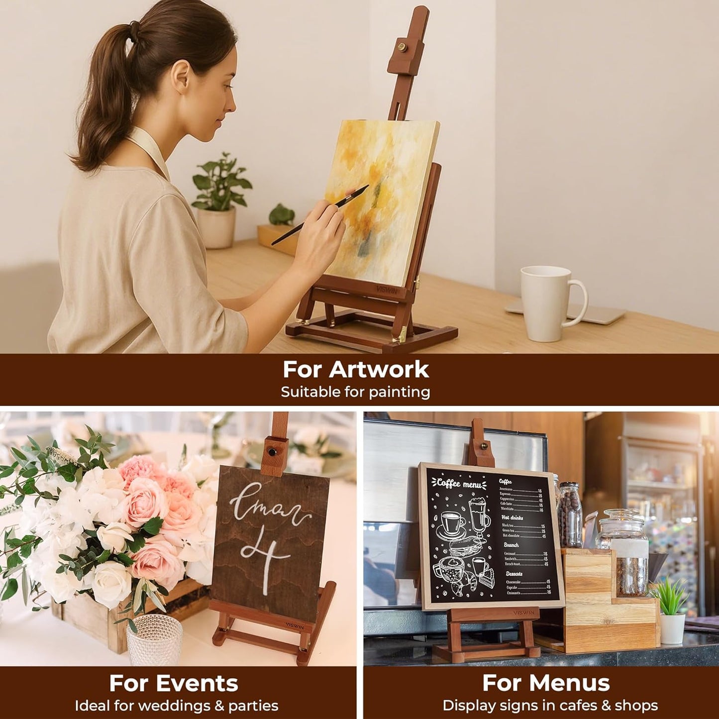 VISWIN 25" H-Frame Tabletop Easel for Painting, Adjustable Beech Wood Table Top Easel, Portable Art Easel for Adults, Artists, Beginners, Holds Canvas up to 15" – Natural