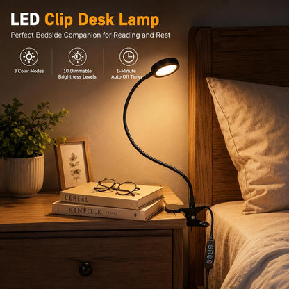 USB Clip-On Desk Lamp with 3 Color Modes, Adjustable Brightness, Gooseneck, 1 Minute Timer, Book Light for Reading Book in Bed at Night Clip on Table, headboard, Dorm, (Warm+Cool White, 8W)