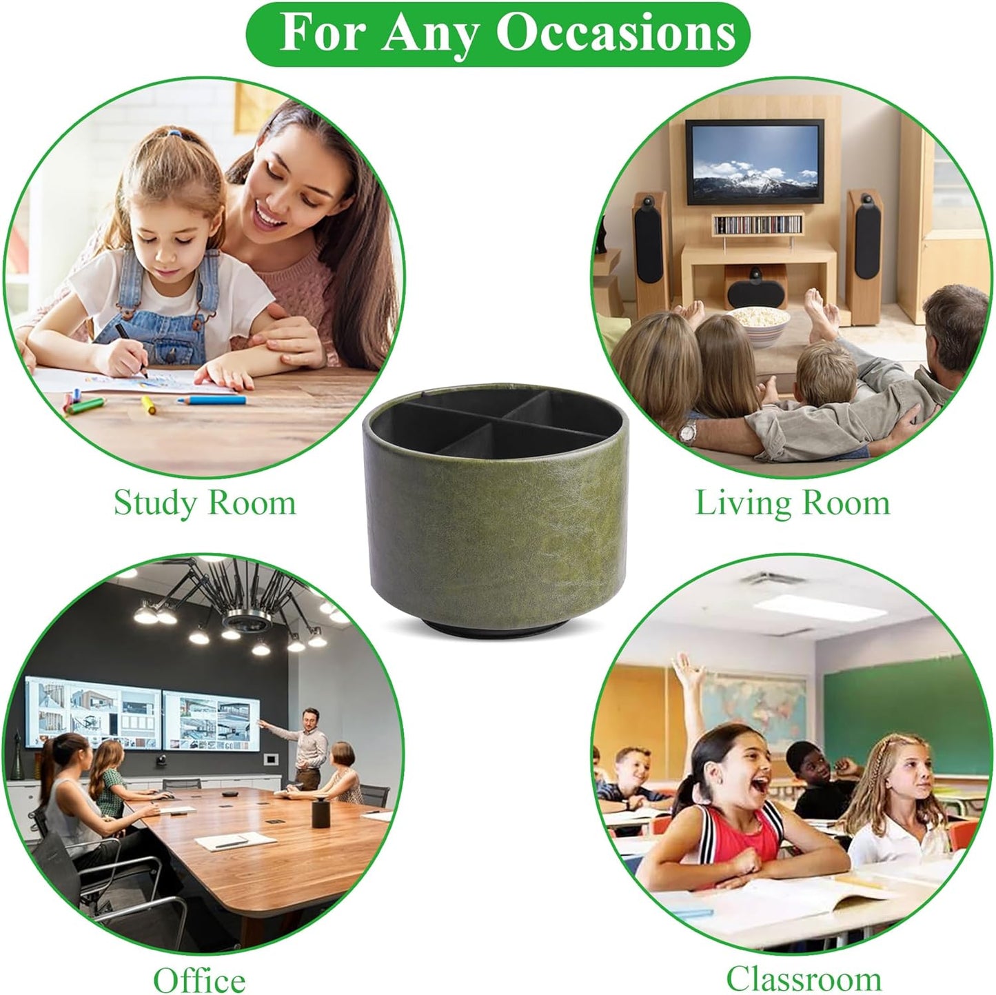 Round Leather Art Supply Organizer,Remote Control Holder,360 Degree Rotating,Multi-Functional Pencil Holder,4 Compartments Desktop Stationary Organizer(1-Fractal Flower) | Round - Colors A
