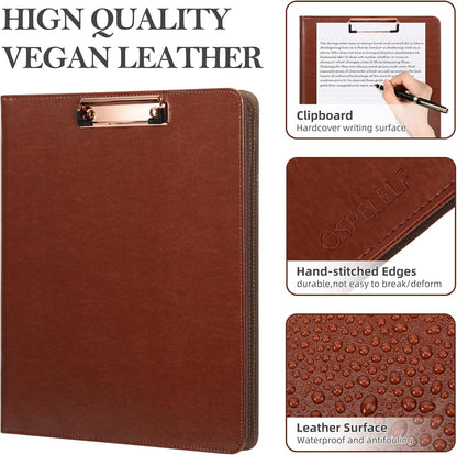 Ospelelf Zippered Padfolio Portfolio Folder, Leather Clipboard with Storage, 3 Ring Binder 1 Inch,12.1” Tablet Sleeve, 5 Dividers with Pocket, Refillable Notepad, Card Slot (Classic Black)