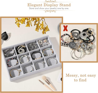 Emibele Glasses Organizer Jewelry Tray, 8 Grids with Clear Lid Velvet Tray Watch Storage Stackable Jewelry Showcase Display Storage with Detachable Inner Dividers, Beige