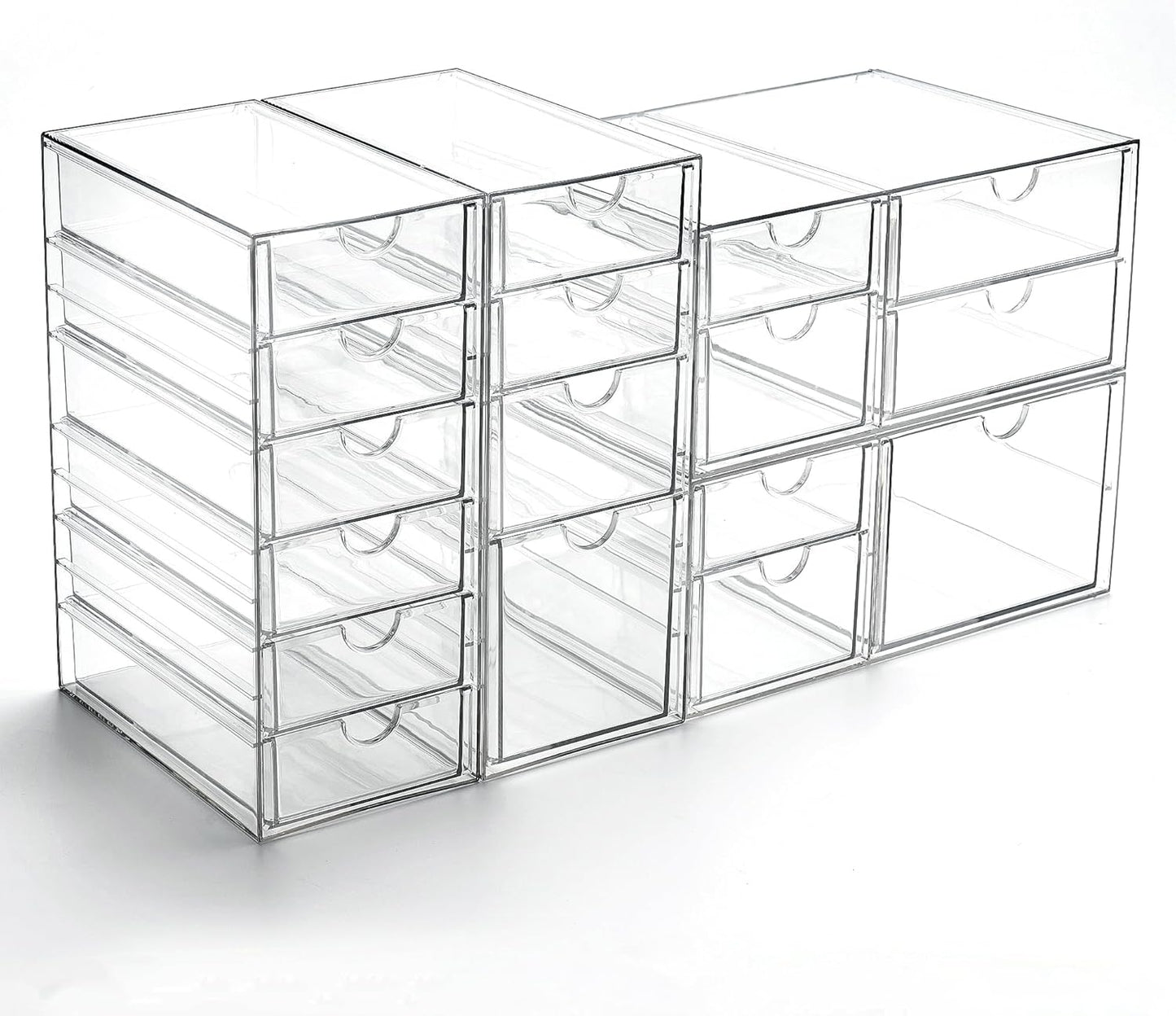 Prsildan Acrylic Drawer Makeup Organizer with 6 Drawers (Not for Baby Bottle), Set of 2 Office Desk Organizers Accessories, Clear Stackable Storage Drawers for Vanity, Craft (Largest Drawer 4" Tall)