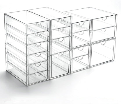Prsildan Acrylic Drawer Makeup Organizer with 6 Drawers (Not for Baby Bottle), Set of 2 Office Desk Organizers Accessories, Clear Stackable Storage Drawers for Vanity, Craft (Largest Drawer 4" Tall)