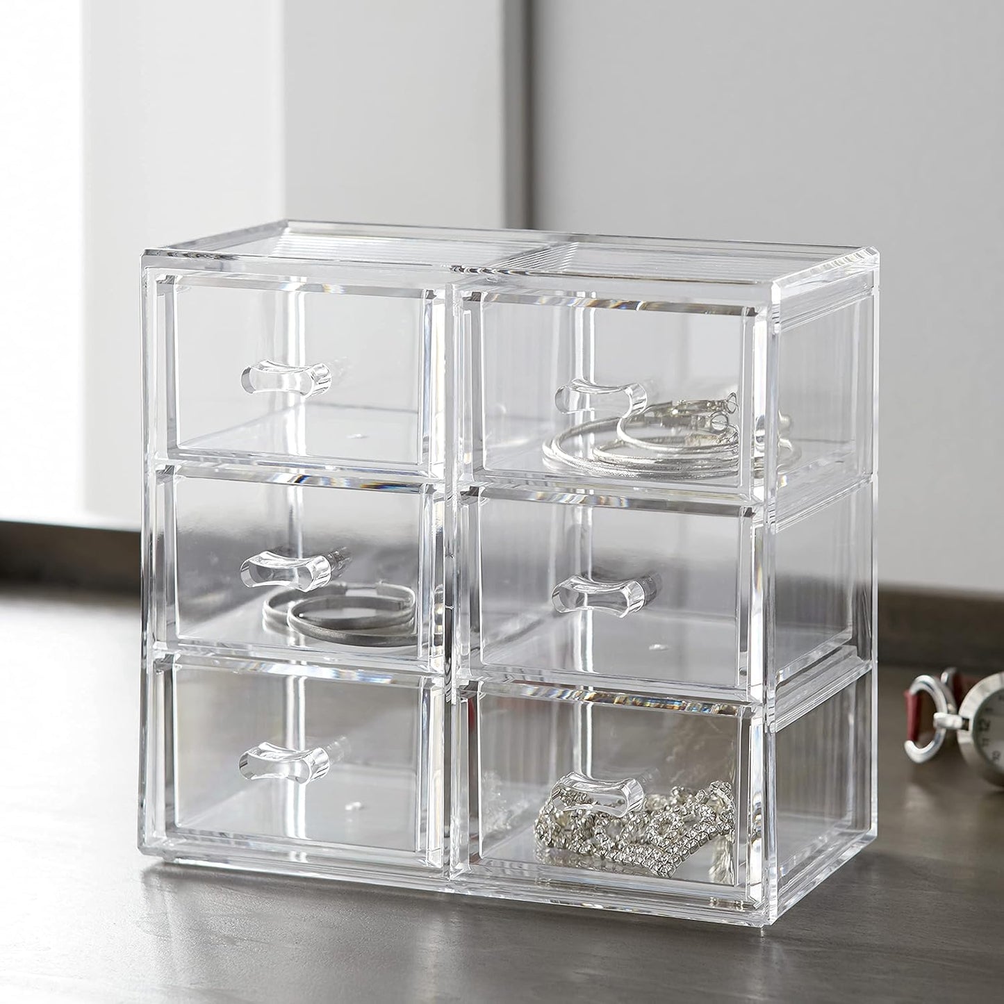 Huang Acrylic Clear Stackable Upright 3-Drawer Organizer, Makeup Jewelry Accessories Cosmetic Countertop Storage Display 3.5 x 3.25 x 5.75 inches