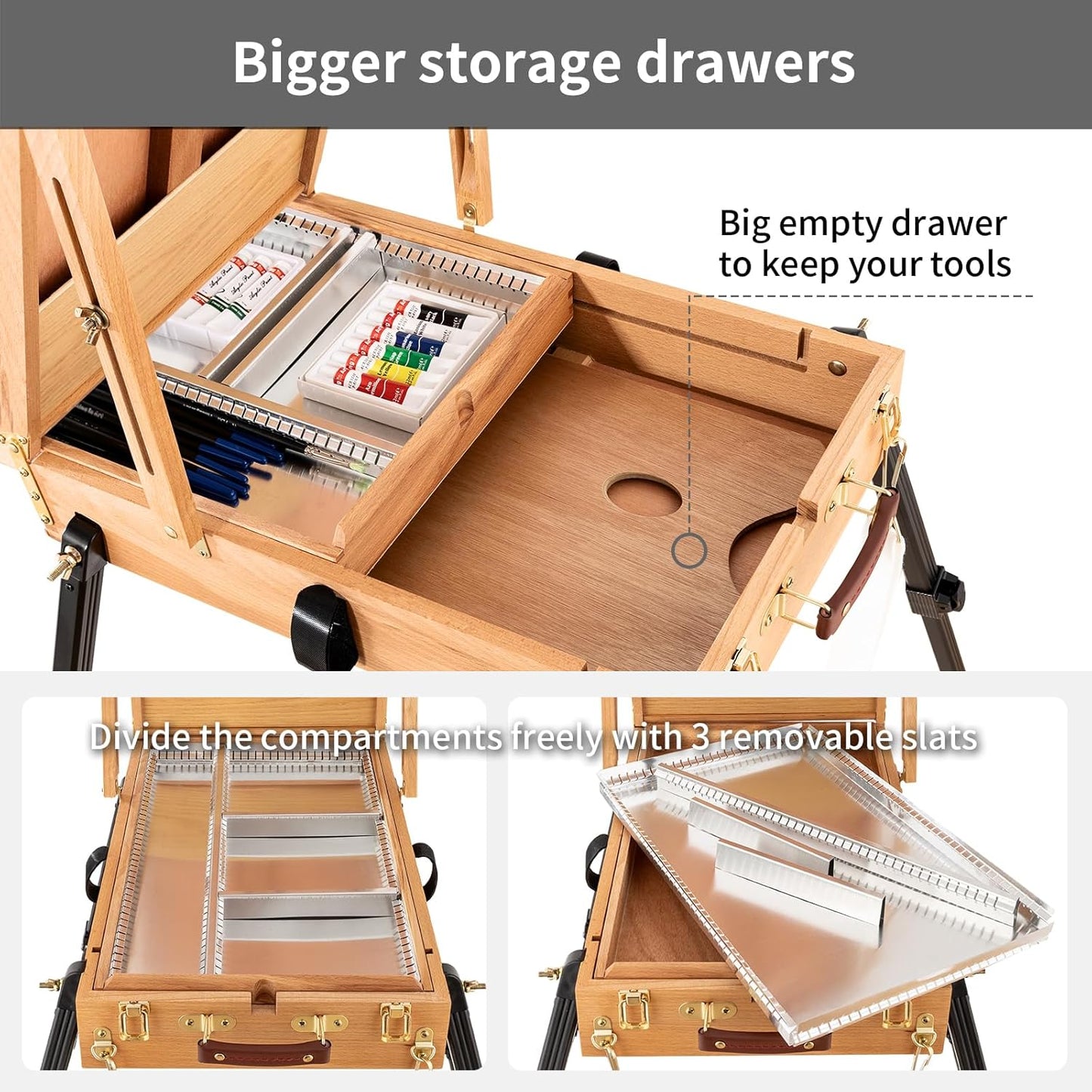 Falling in Art Light Weight French Style Field and Sketchebox Easel with Aluminum Tripod, Adjustable Beechwood Tripod Standing Easel with Drawer, Palette