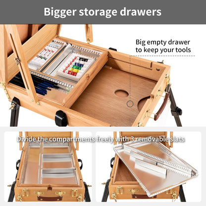 Falling in Art Light Weight French Style Field and Sketchebox Easel with Aluminum Tripod, Adjustable Beechwood Tripod Standing Easel with Drawer, Palette