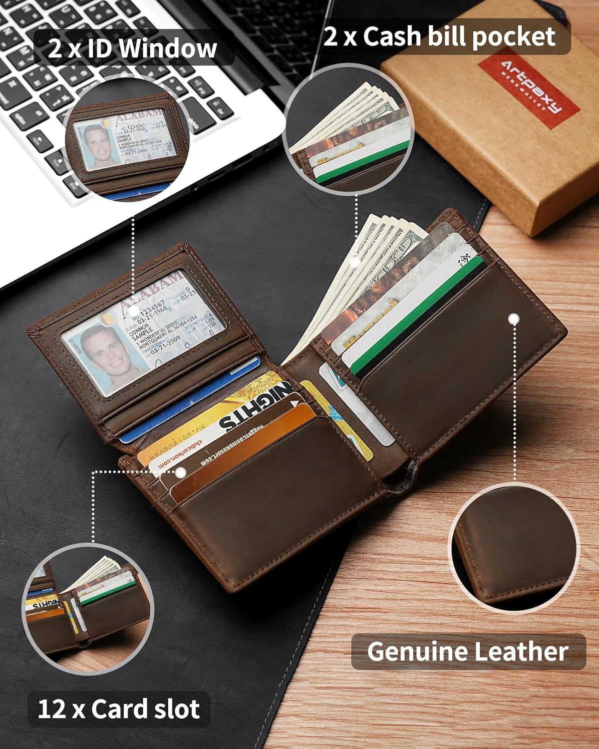 Mens Wallet With AirTag Holder, Bifold Leather RFID Blocking 1-2 ID Windows 12-13 Card Holders, Gift Box and Screen Protector Included, AirTag Not Included