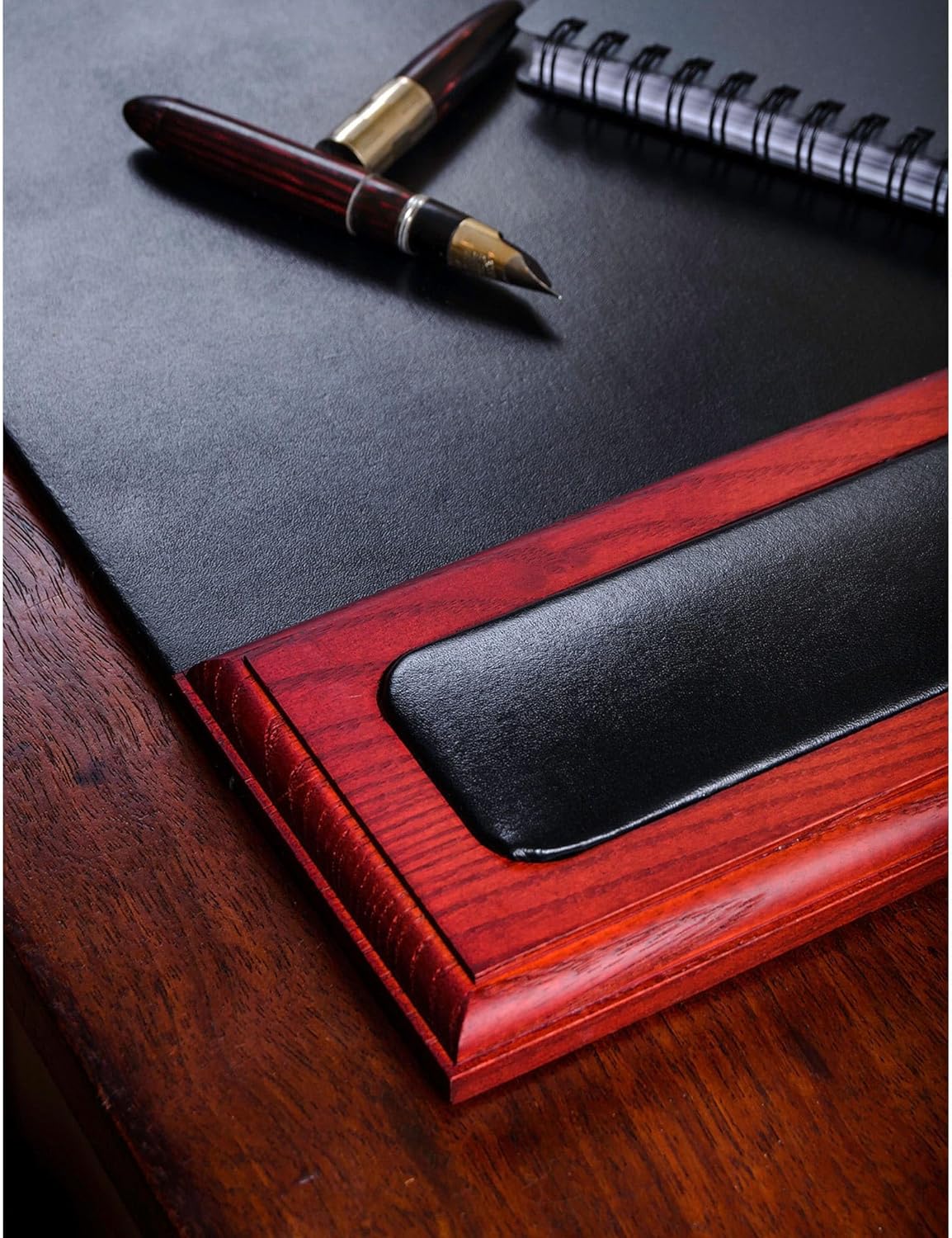 DACASSO Wood & Leather Desk Pad with Side Rails - Luxury Leather Desk Blotter for Writing - Padded Executive Desk Surface Protector - (Walnut & Black, 34” x 20”)