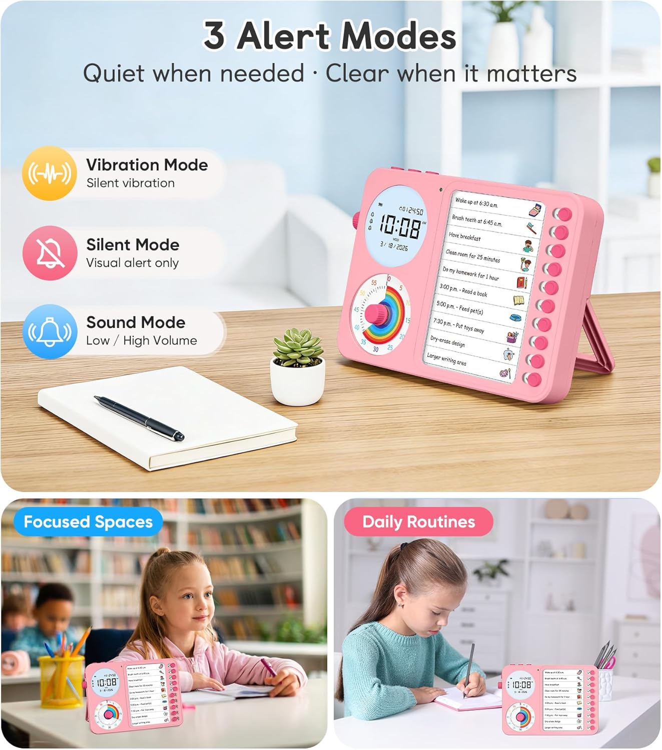 3-in-1 Visual Timer & ADHD Tool for Kids – ADHD Task Timer for Adults with Visual Schedule, Chore Chart & Planning Board for Home, School, Classroom, Work (White)