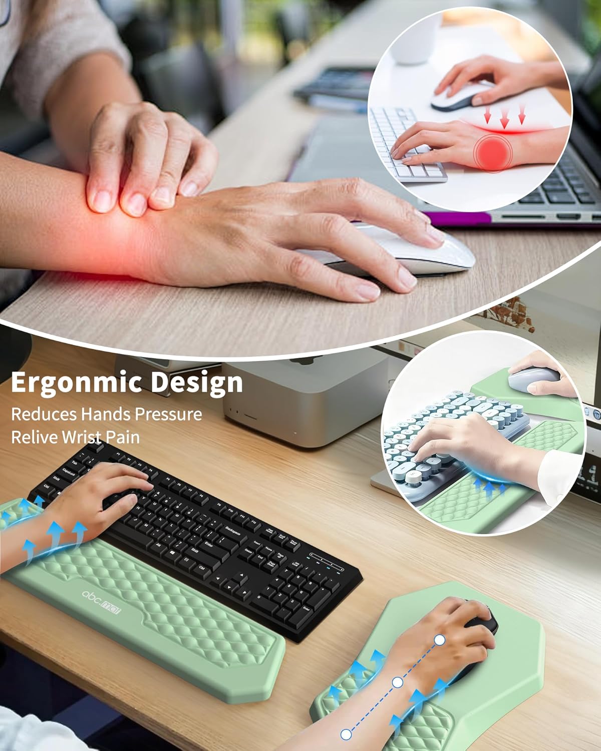 Ergonomic Mouse Pad and Keyboard Wrist Rest Support Set, Massage Design Mousepad for Carpal Tunnel Pain Relief, Memory Foam, Non-Slip PU Base for Computer Desk, Black