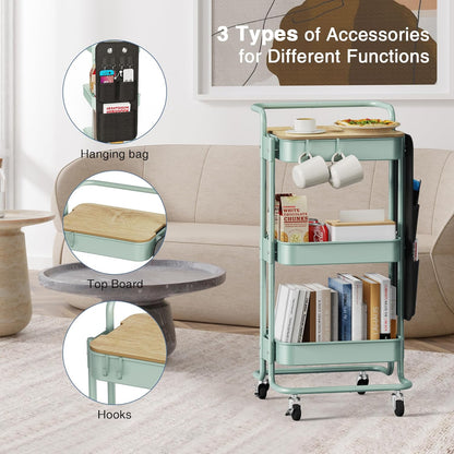 DTK 3 Tier Metal Utility Rolling Cart with Table Top and Side Bags, Tray Storage Organizer Wheels, Art Craft 4 Hooks for Kitchen Bathroom Office Living Room (Black)