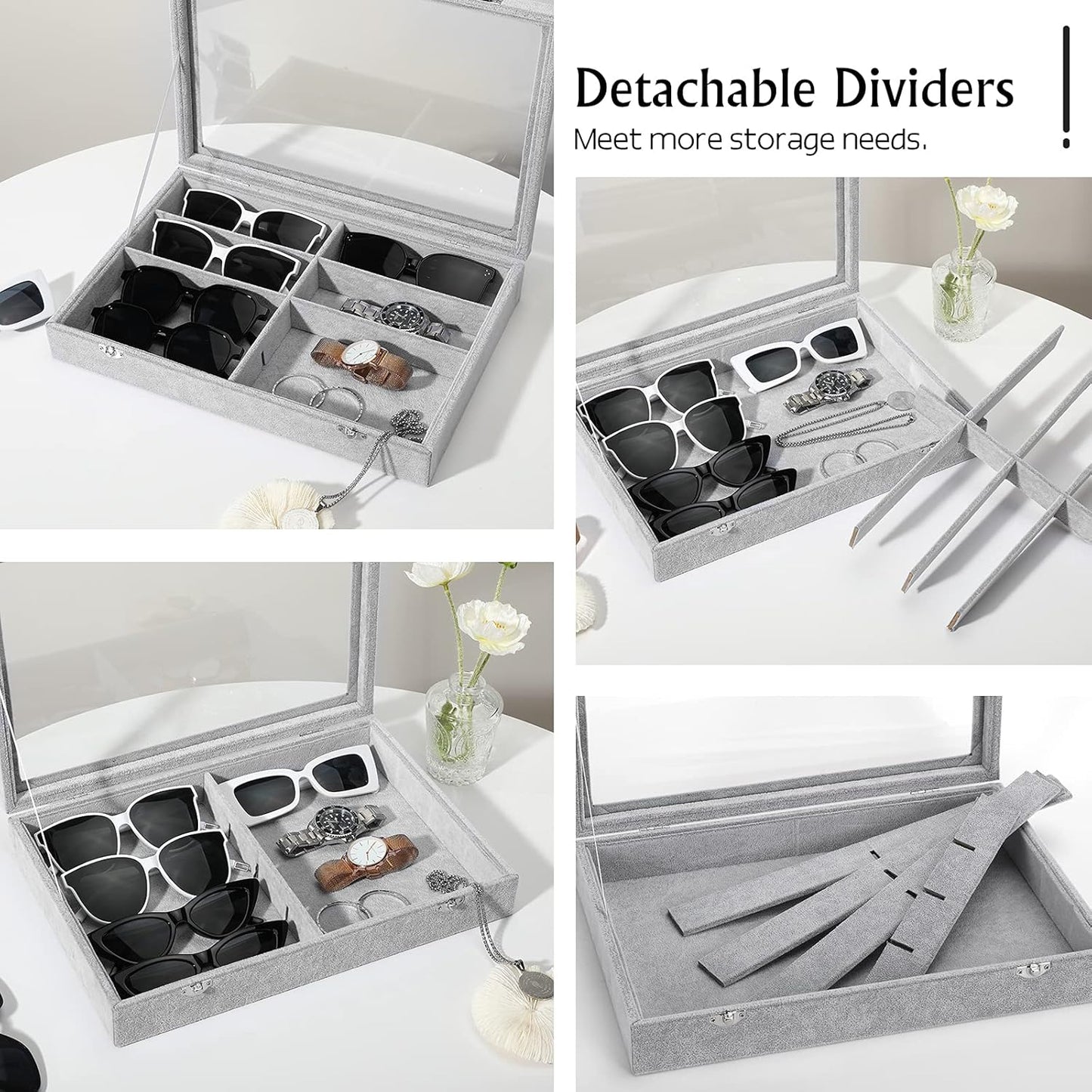 Emibele Glasses Organizer Jewelry Tray, 8 Grids with Clear Lid Velvet Tray Watch Storage Stackable Jewelry Showcase Display Storage with Detachable Inner Dividers, Beige