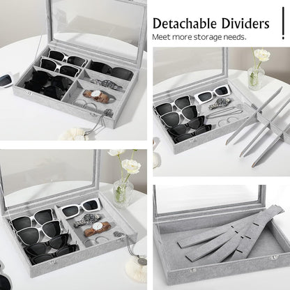 Emibele Glasses Organizer Jewelry Tray, 8 Grids with Clear Lid Velvet Tray Watch Storage Stackable Jewelry Showcase Display Storage with Detachable Inner Dividers, Beige