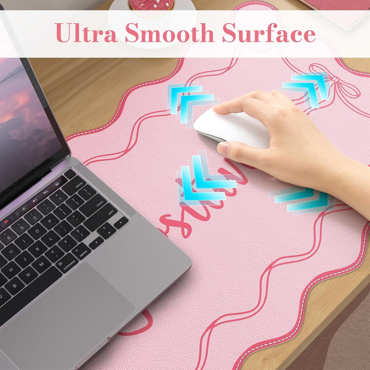 iCasso Pink Leather Desk Mat,Extra Large Scalloped Mouse Pad for Desktop,Waterproof PU Nail Table Mat,Cute Keyboard Mats for Women Girl,Non-Slip Desk Cover Mat for Office Home Dorm