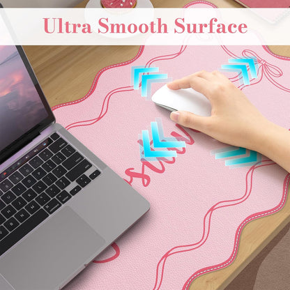iCasso Pink Leather Desk Mat,Extra Large Scalloped Mouse Pad for Desktop,Waterproof PU Nail Table Mat,Cute Keyboard Mats for Women Girl,Non-Slip Desk Cover Mat for Office Home Dorm