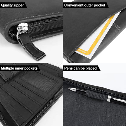 Mini Leather Zippered Padfolio Portfolio Binder 5 x 8 Legal Writing Pad, Professional Business Portfolio for Men & Women, Card Holder, Notepad Clipboard Holder (Black)