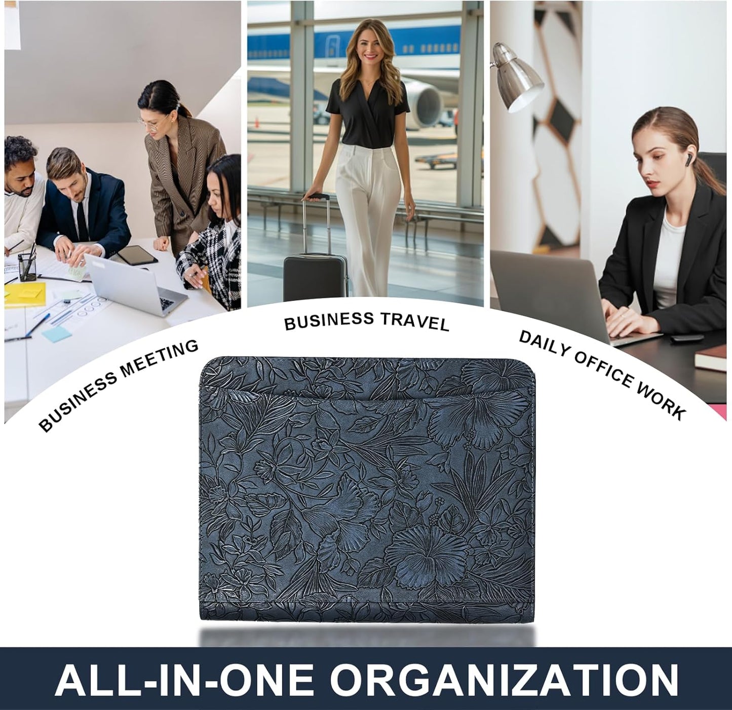 Leathario Portfolio Binder, Includes 10 Sheet Protectors and 3 Notepads, 3-Ring Folder Organizer, A4 Padfolio with Zipper, Vegan Leather Tablet Sleeve, Business Office Conference Clipboards