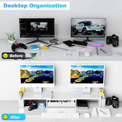 Spacrea Metal Desk Organizers and Accessories, Dual Monitor Stand Riser with Drawer and 2 Pen Holders, Desk Accessories & Workspace Desktop Organizers for Office Supplies (Wood)