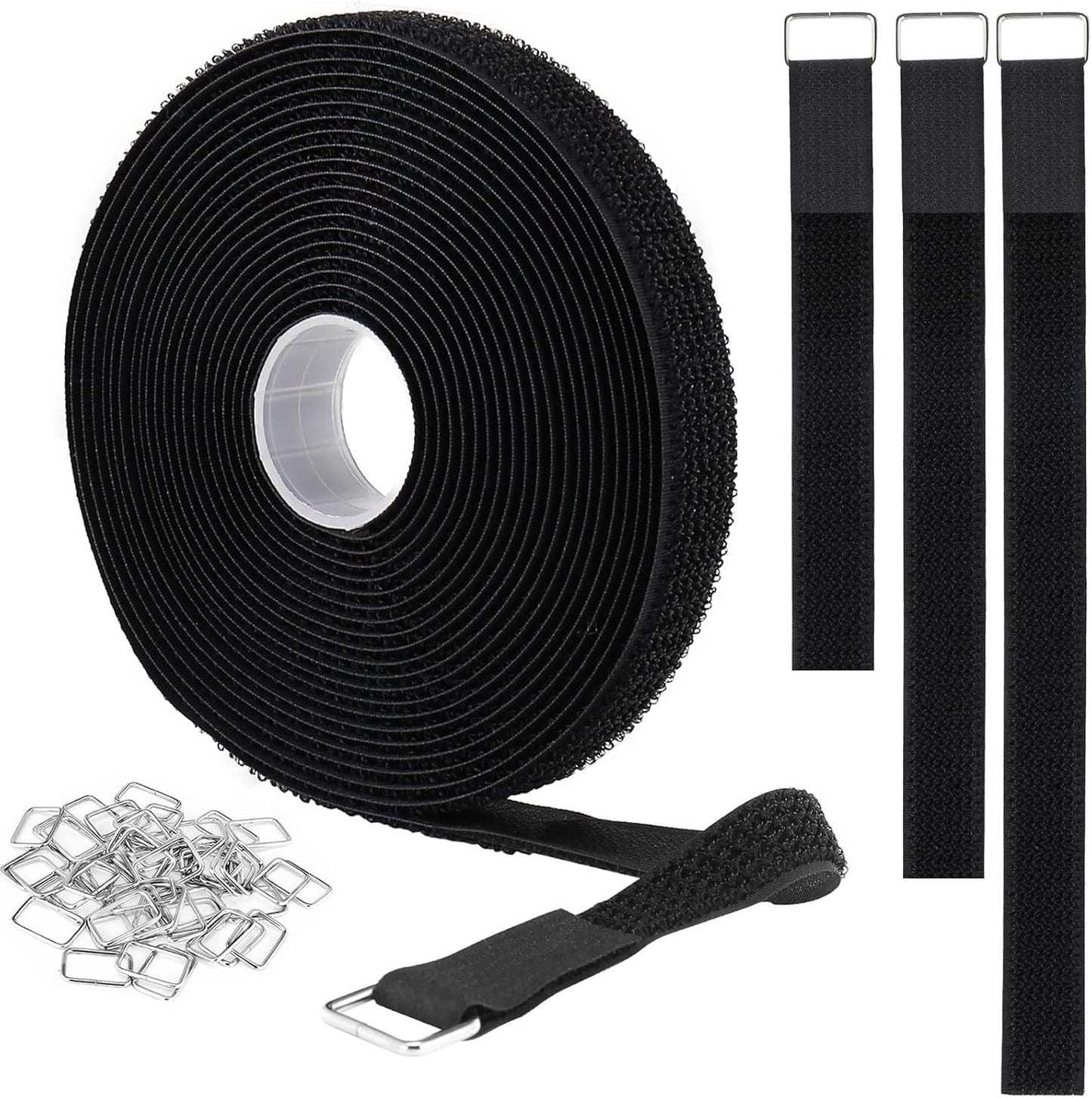 YMCRLUX 1"x32ft Hook and Loop Straps with 50 Metal Buckles, Adjustable Fastening Cable Straps, Cut-to-Length Cinch Strap, Reusable Nylon Securing Cord Ties for Organizer or Storage, 1 inch Wide, Black