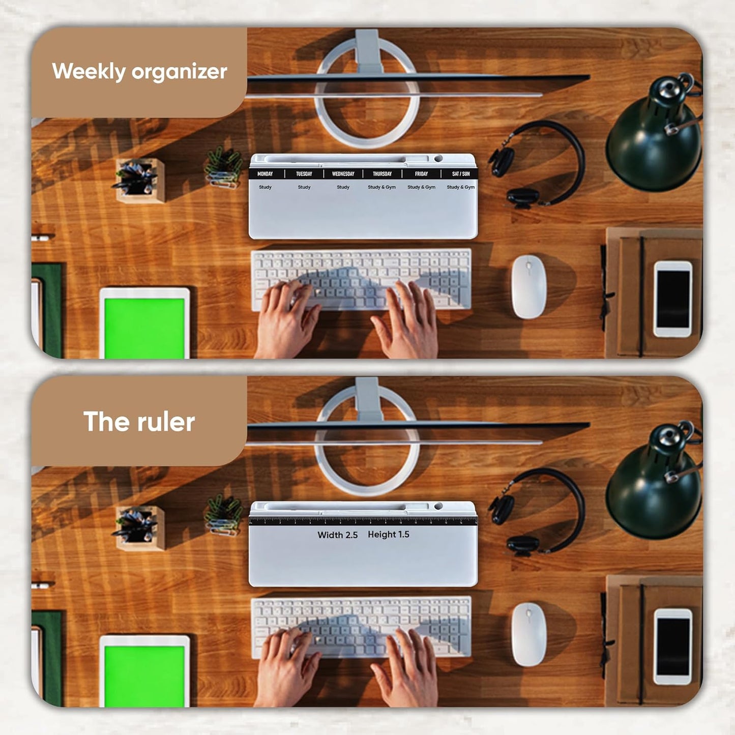 Desktop whiteboard - Glass Desk Dry Erase board with storage- Desk buddy memo board for computer monitor- EXTRA STICKERS Weekly Organizer and Ruler- work from home and office