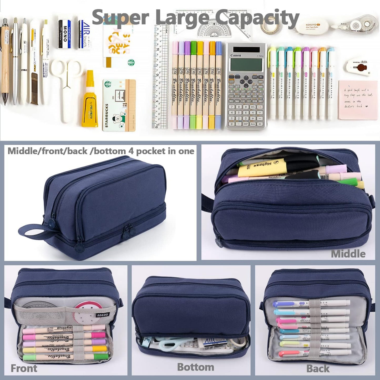 MAMUNU Large Capacity Pencil Case 4 Compartments, Pencil Pouch Bag with Zipper Portable Handle, Pen Case Bag Stationery Organizer for Office College School Adults Teen Girls Boys Men Women, Black