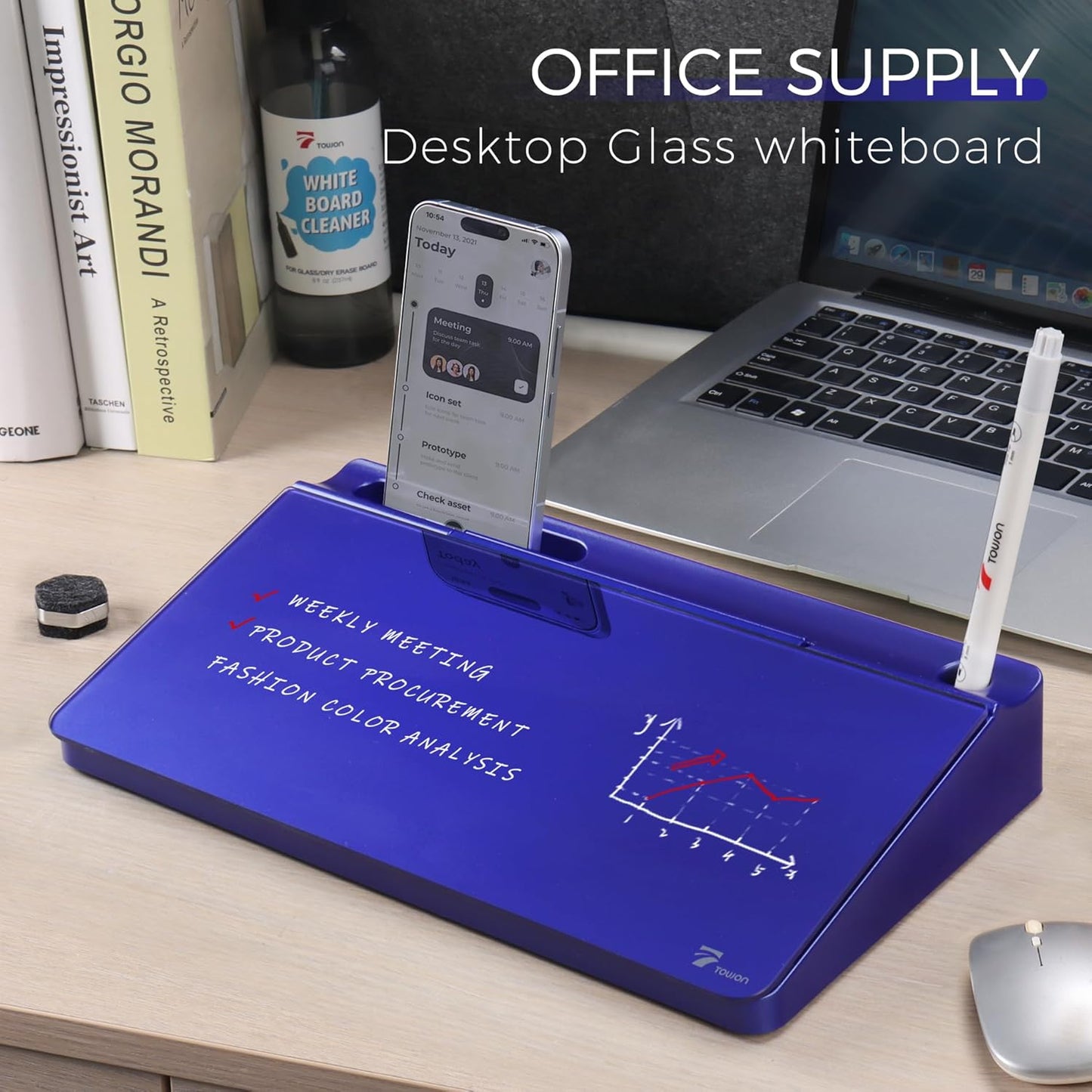 TOWON Small Compact Glass Desktop Whiteboard with Storage – 12 x 7 in Dry Erase Board for Desk, Home Office, School | Includes 5 Markers, Eraser & Holder | Space-Saving Organizer, Aesthetic Rose Gold