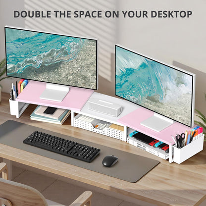 OPNICE Desk Organizers and Accessories, Dual Monitor Stand Riser with Drawer and 2 Pen Holders, Desk Shelf Wood Computer Racks for Office Workspace Organizers, Desktop Organization (Rustic Brown)
